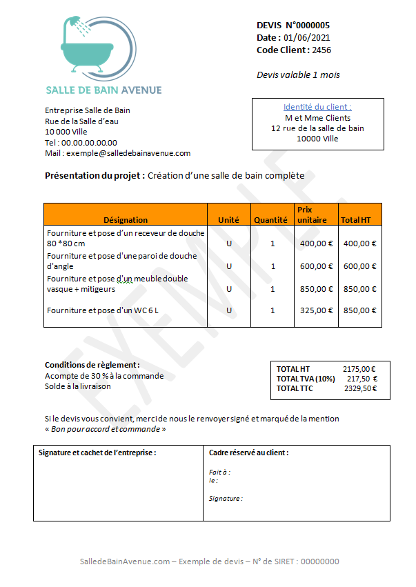 Exemple de devis pour salle de bain